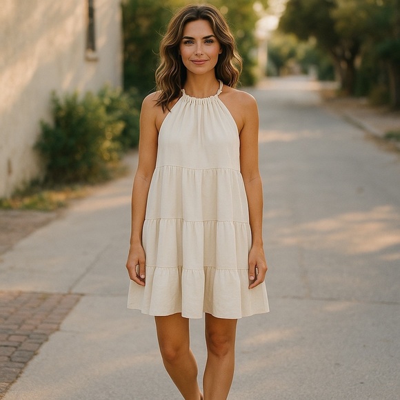 ANTONIO MELANI Dresses & Skirts - Antonio Melani Beige Tiered Halter Midi Dress
